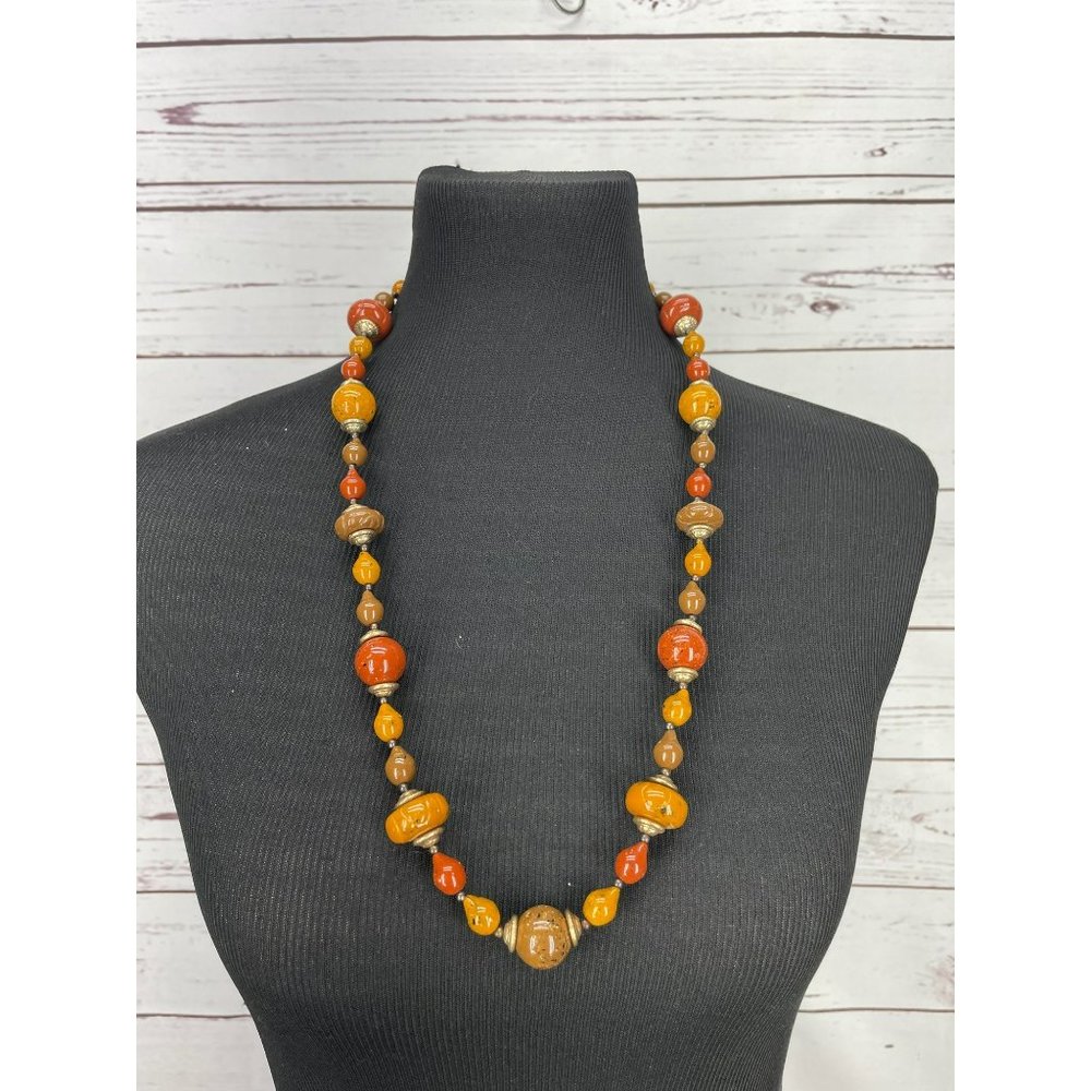 Vintage Brown Orange Auburn Gold‎ Tone Beaded Fashion Necklace